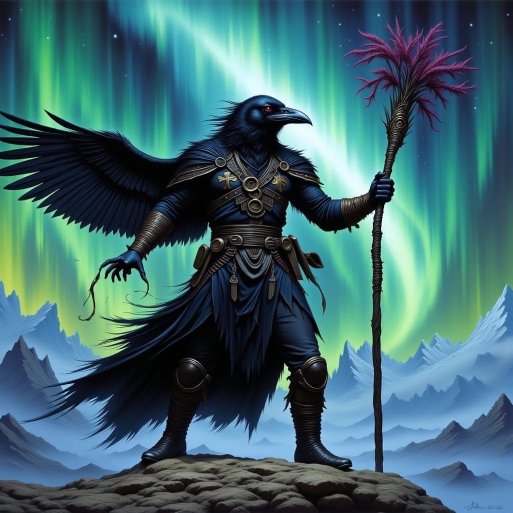 Raven Shaman Under Aurora Borealis in Graphite Style