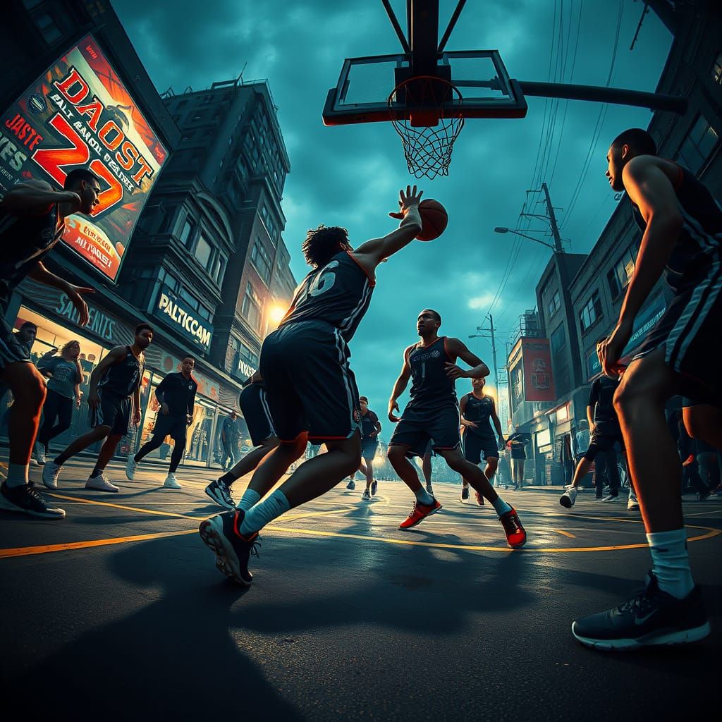 Street Basketball Match in Gritty, Dynamic Style