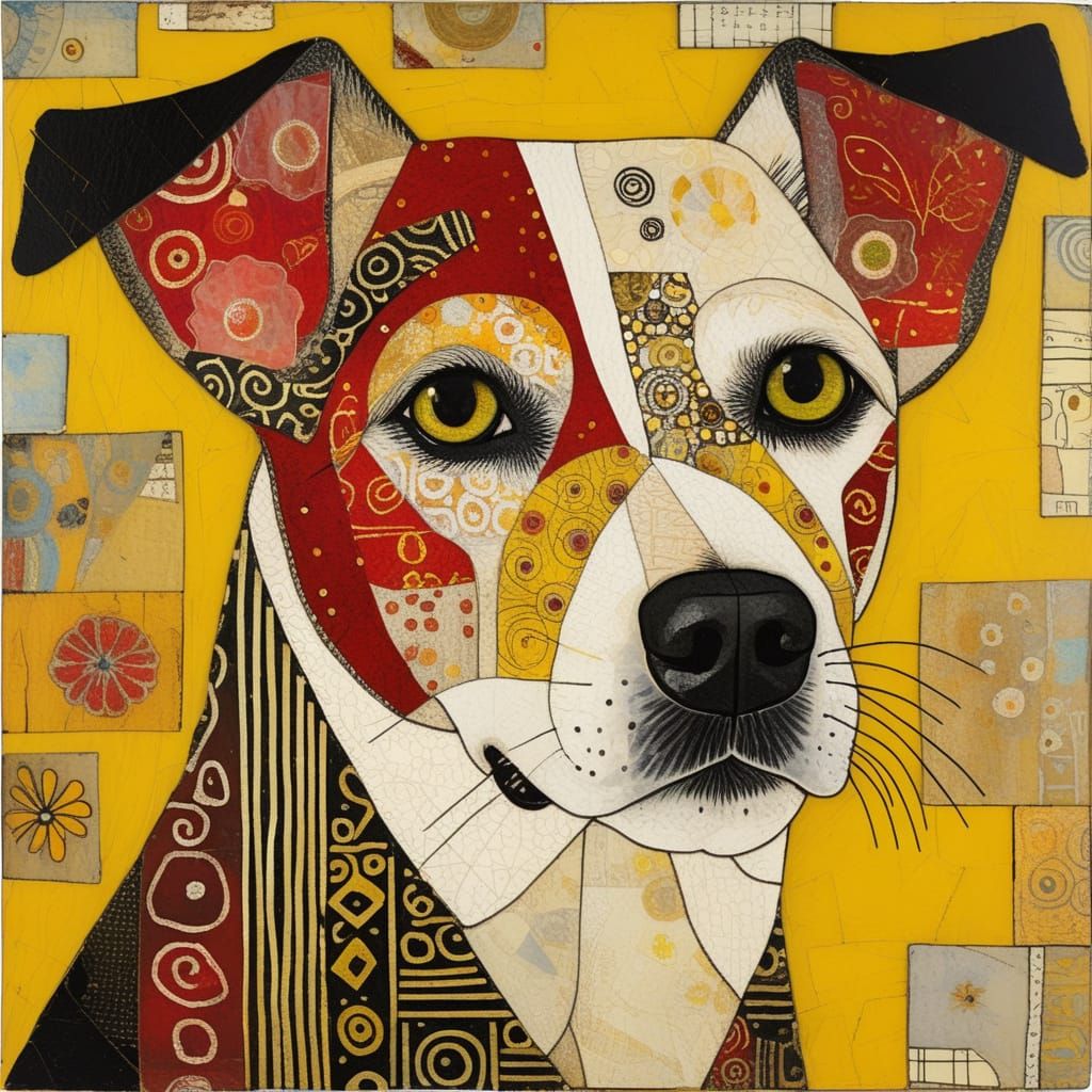 Vibrant Mixed-Media Dog Portrait in Red and Yellow