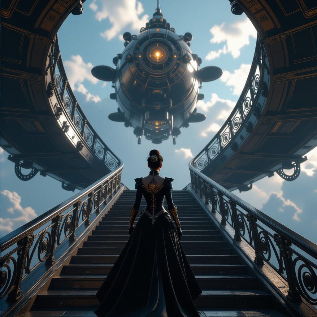 Steampunk Woman's Zeppelin Ascent: Cinematic Sci-Fi
