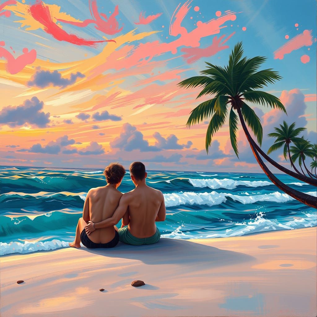 Tropical Beach Dusk Scene with Oil Strokes and Coral Sky