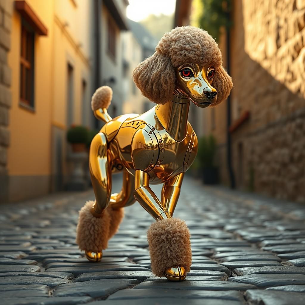 Brass Cyborg Poodle Prances in Sunlight