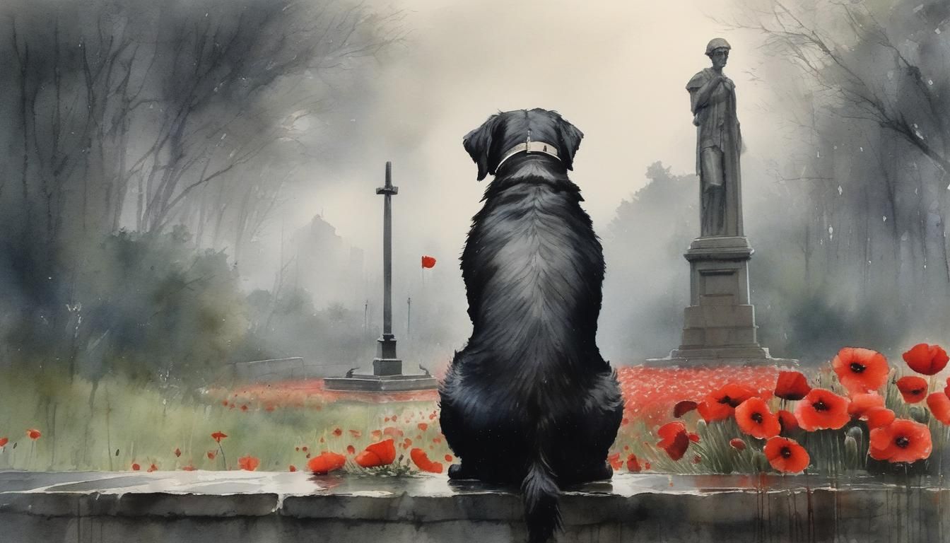 Dog at War Memorial in Rainy Watercolor
