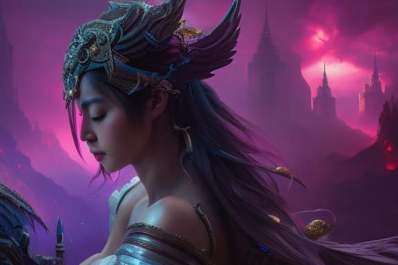 Detailed Portrait of Black Angel with Purple Wings