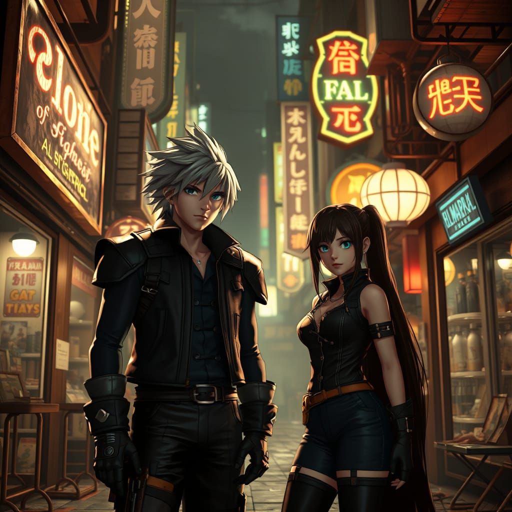 Cyberpunk Cloud and Tifa in Midgar's Wall Market
