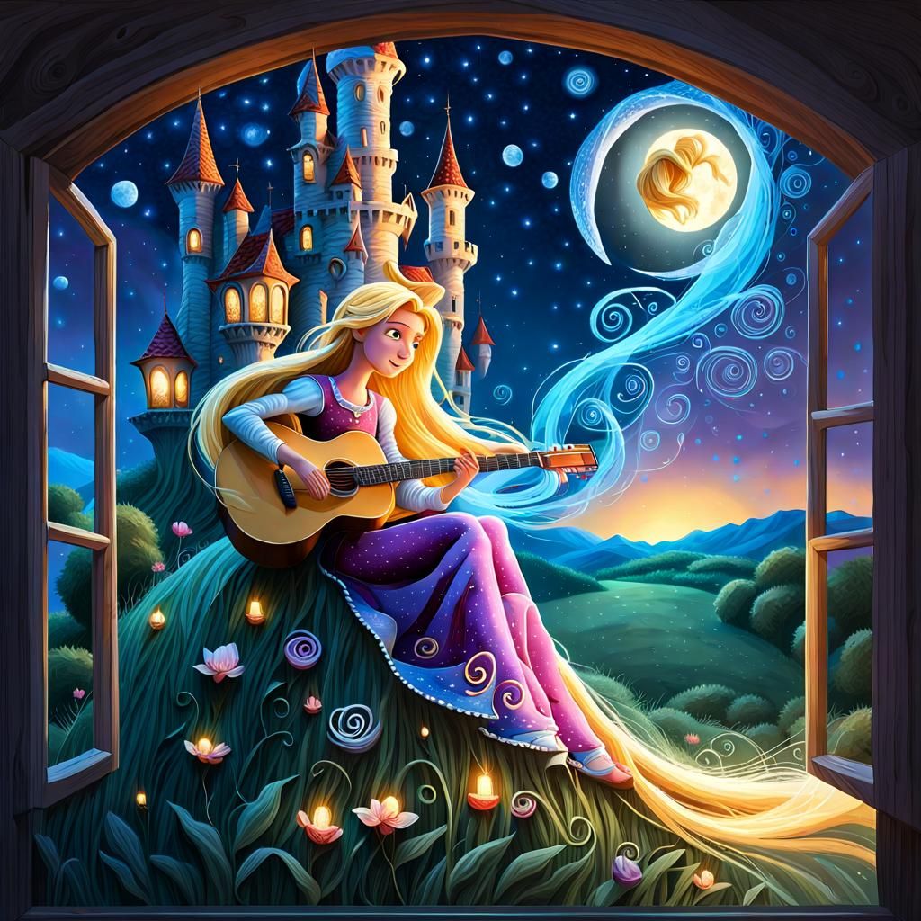 'Rapunzel' sits in her tall tower, letting her long blonde hair cascade down and playing Guitar