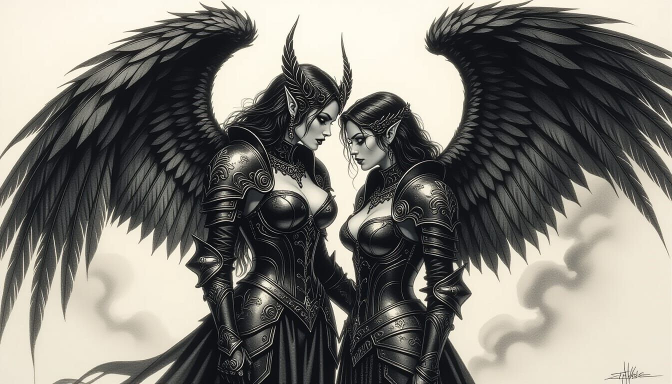 Fallen Angel Guards Knight in Dark Fantasy Charcoal Drawing