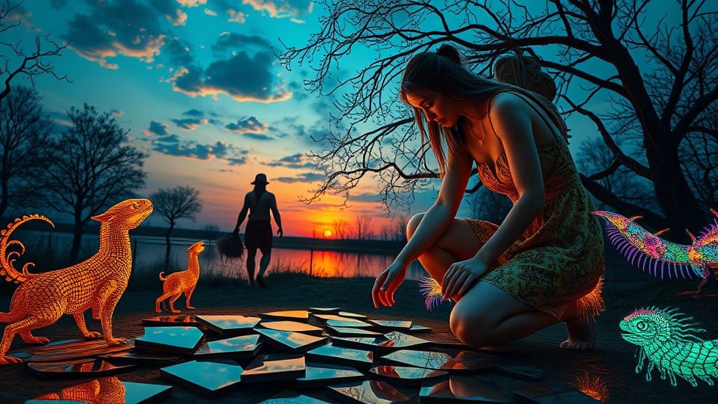 Surreal Woman Emerges from Shattered Mirror in Golden Light