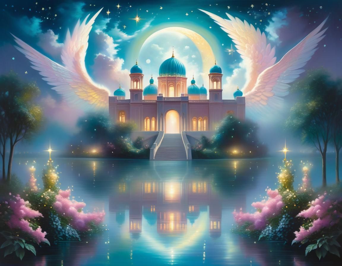 Angelic Palace in the Clouds: Ethereal Oil Painting
