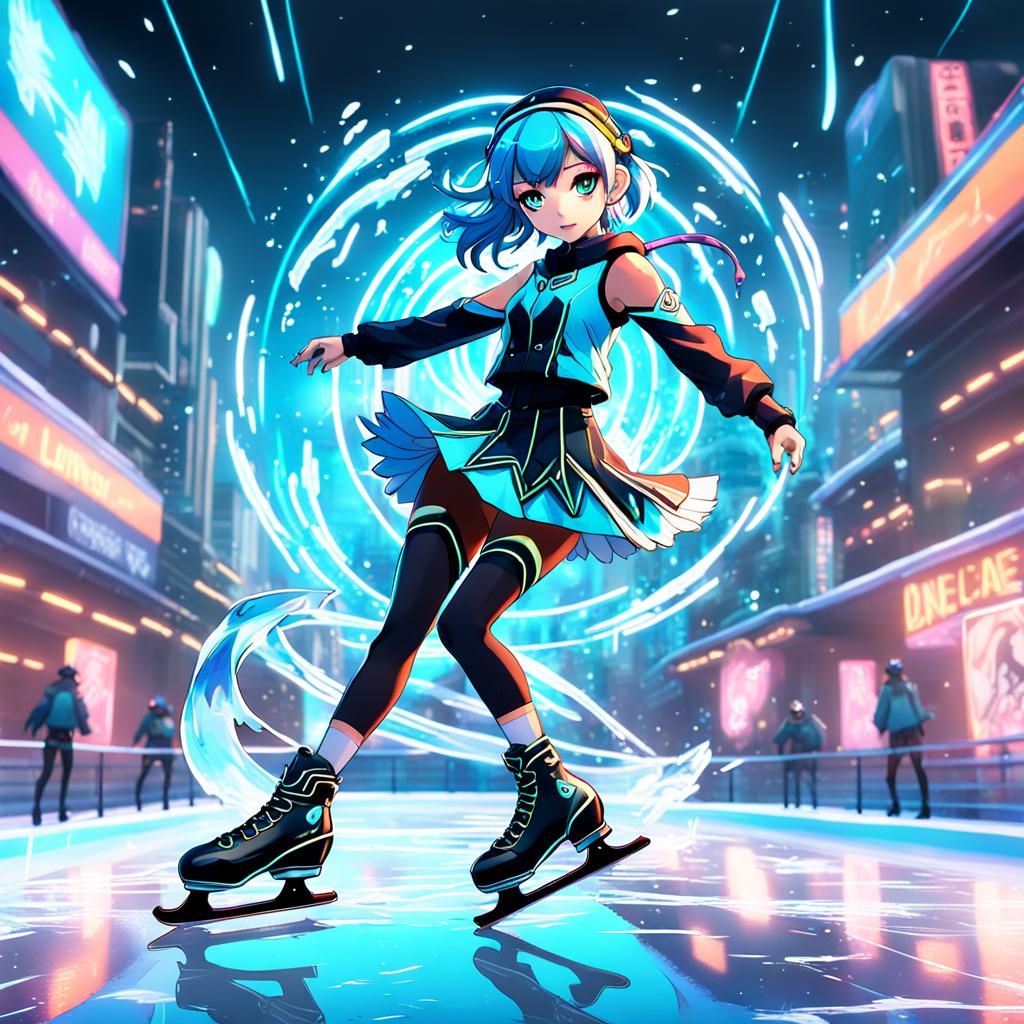 Anime Neon Ice Skater Girl: Detailed Art