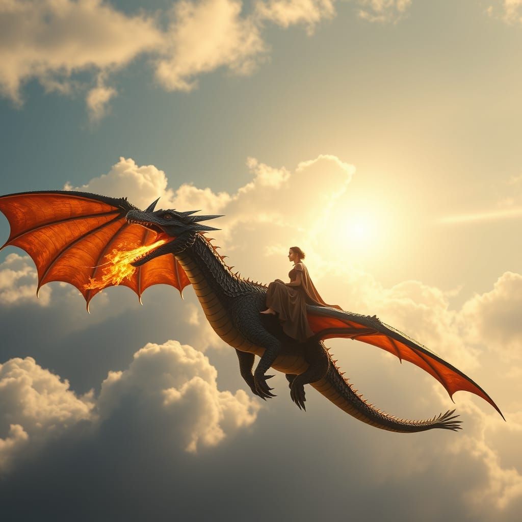 Khaleesi Rides Her Dragon Through a Sunny Sky