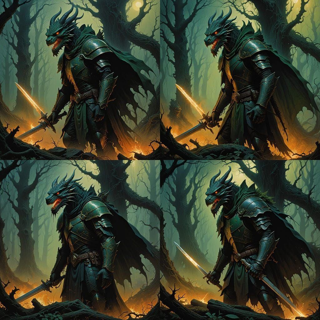 Sword-Wielding Warrior Stalks Ancient Forest Under Dragon's...