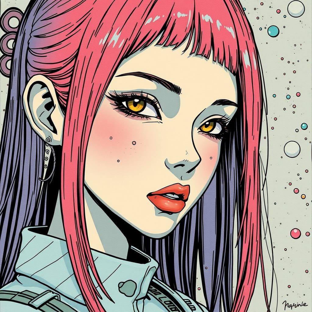 Futuristic Manga Scene with Mineral Pigments and Bold Colors