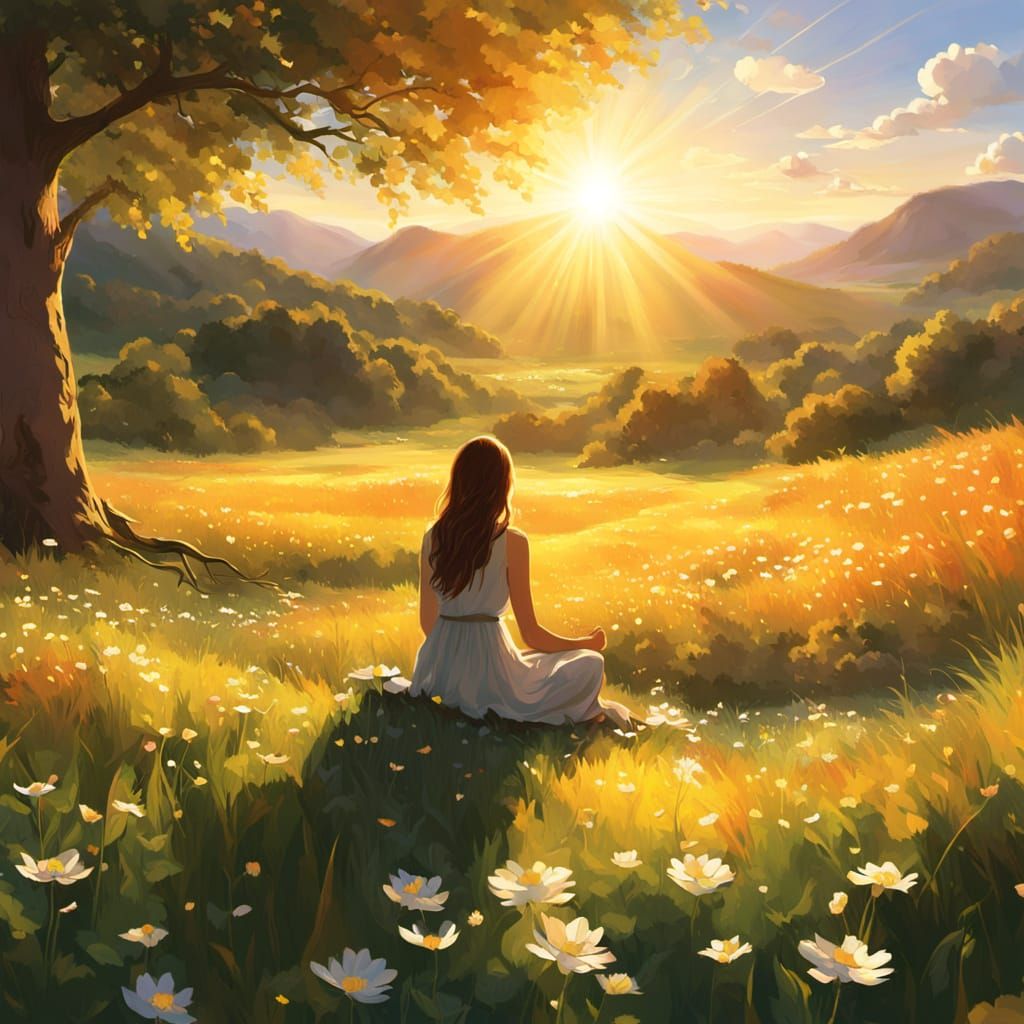Serene Spiritual Enlightenment in Golden Hour Meadow
