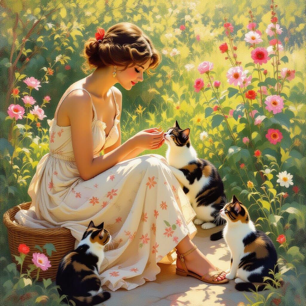 Elegant Woman Feeding Cats in Sunny Garden