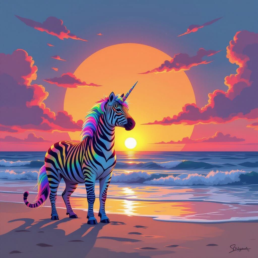 Rainbow Tiger Unicorn on Sunrise Beach, Fantasy Art