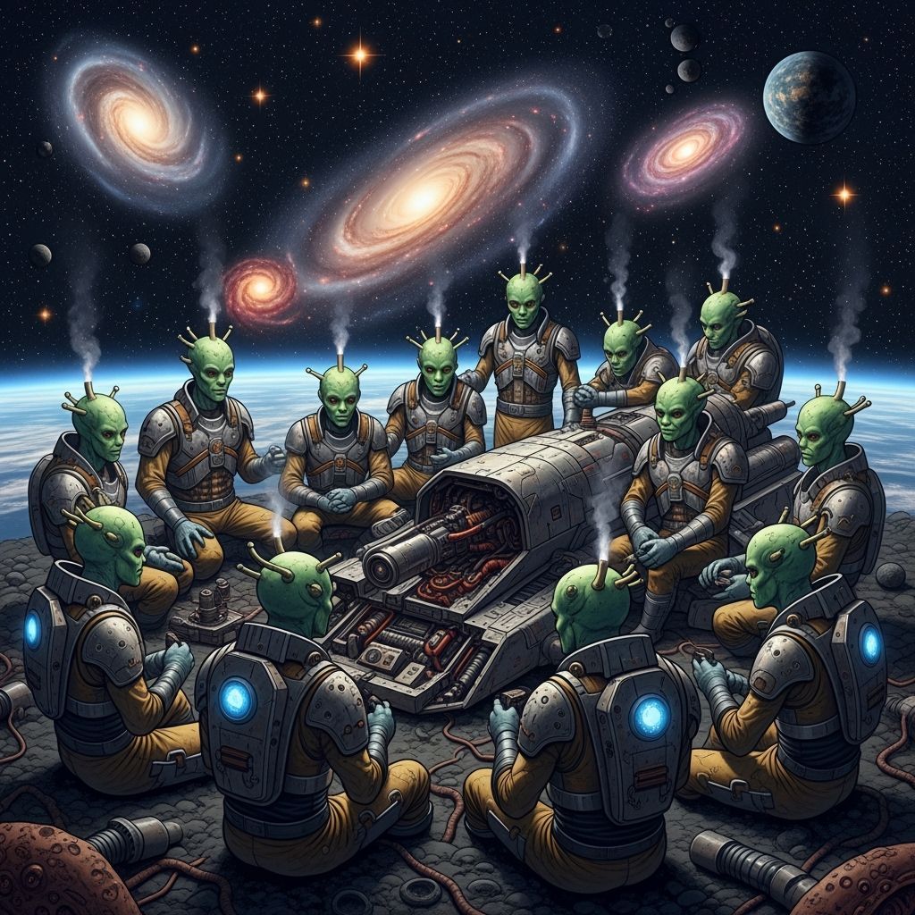 Aliens Repair Spaceship on Distant Planet in Sci-Fi Style