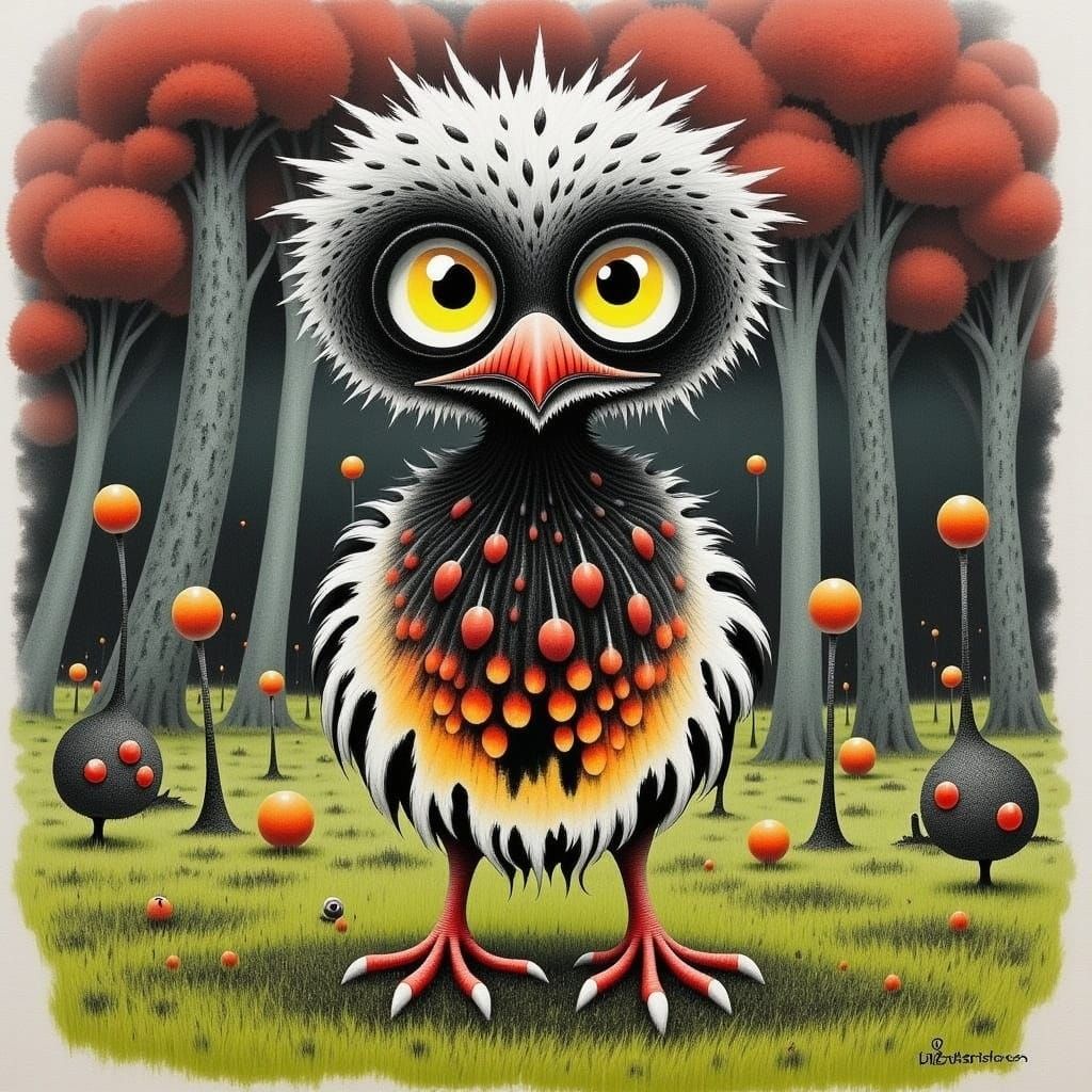 Vivid Portrait of a Wingless Bird in Alcohol Ink Style