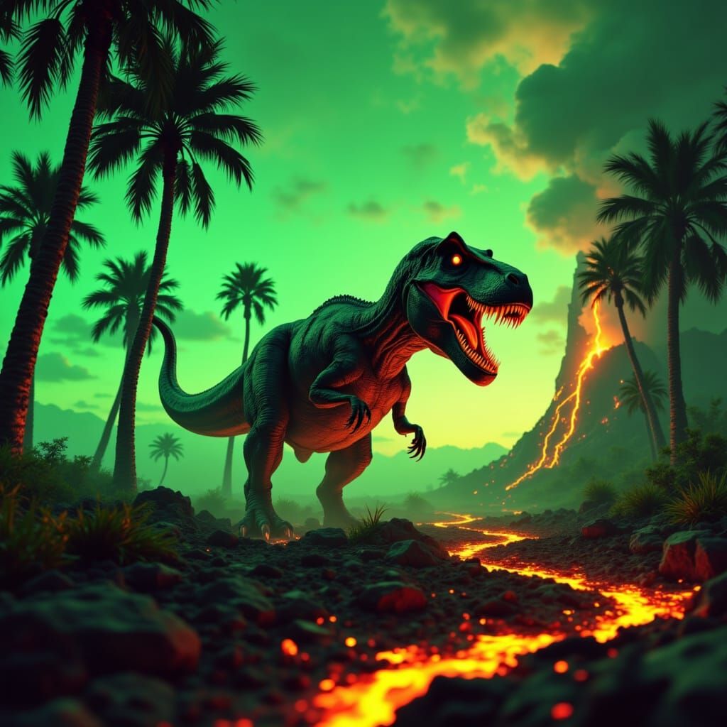 Neon T-Rex in a Volcanic Murraypunk Landscape
