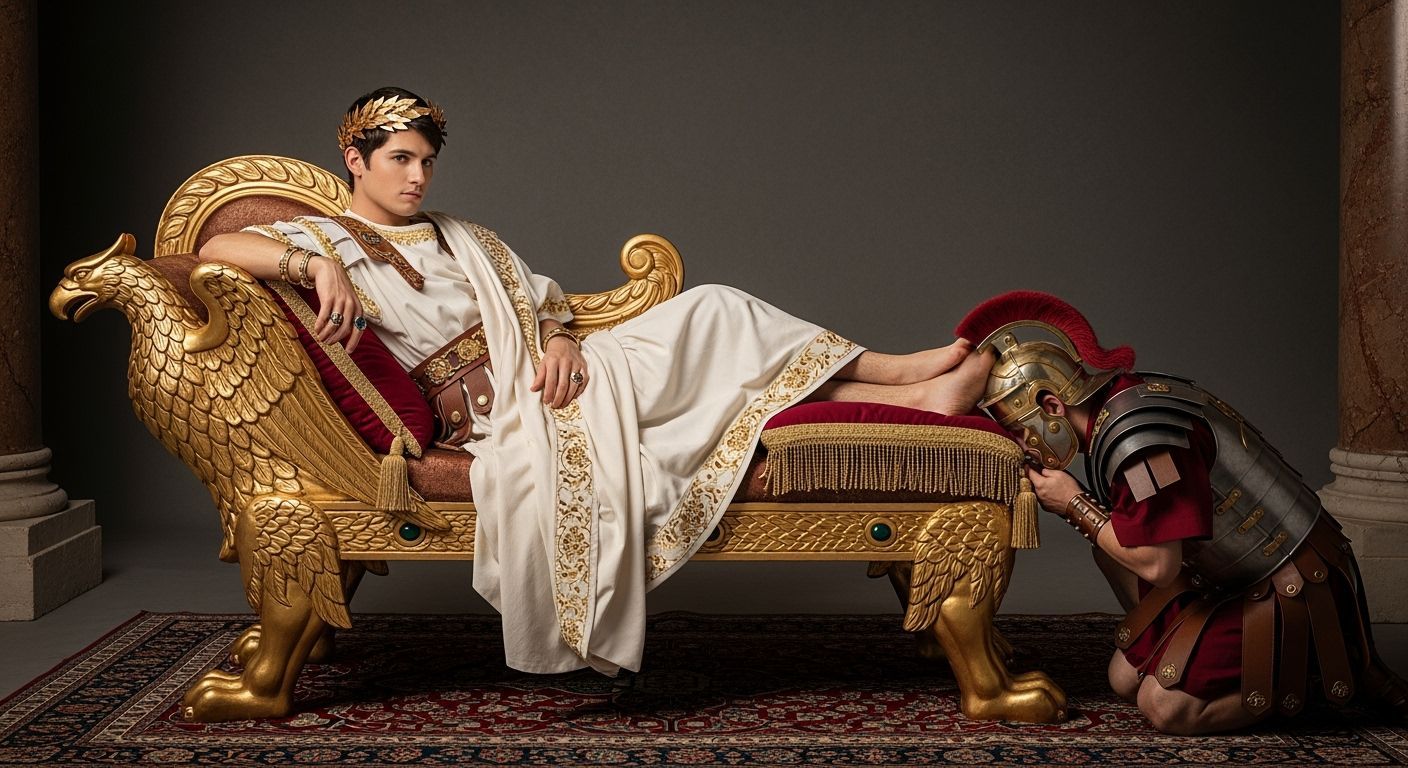 Opulent Roman Emperor Lounging on Gold Chaise Longue