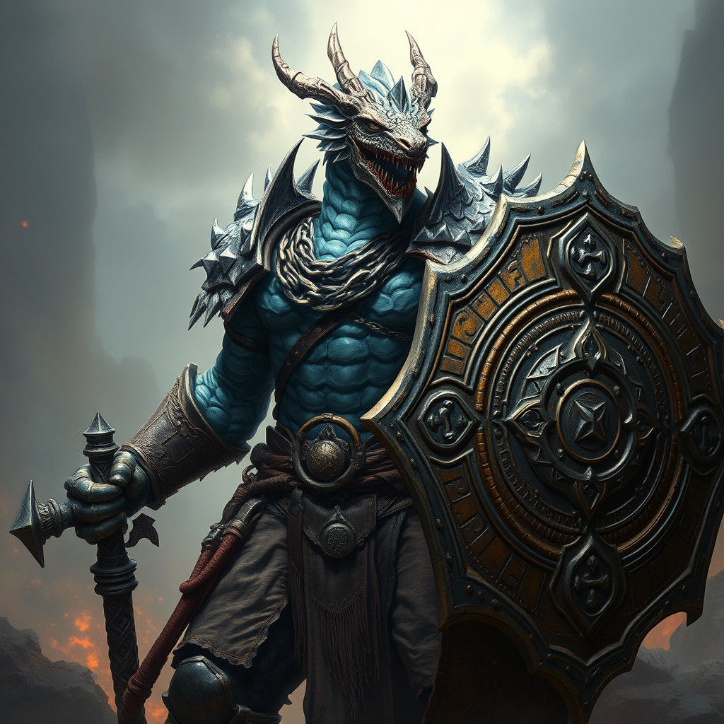 Crystal Dragonborn Warrior with Mace in Fantasy Art Style