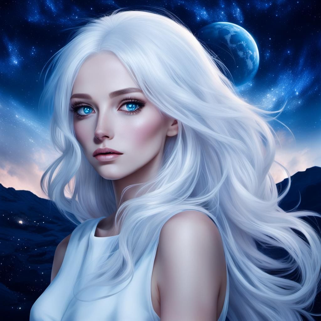 Girl with White Hair and Blue Eyes Under Night Sky