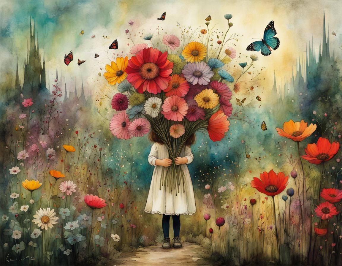 Girl in Magical Garden with Huge Bouquet