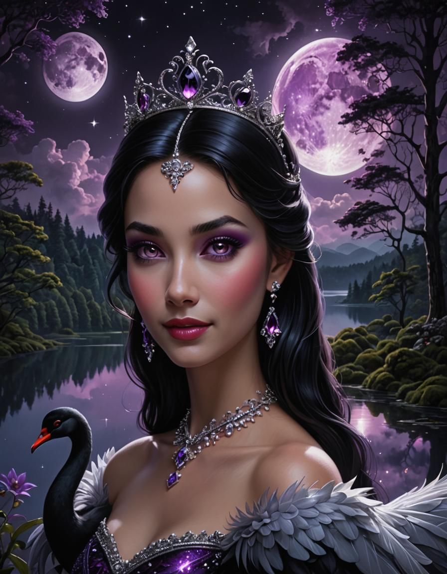 Princess with Black Swans in Dark Forest