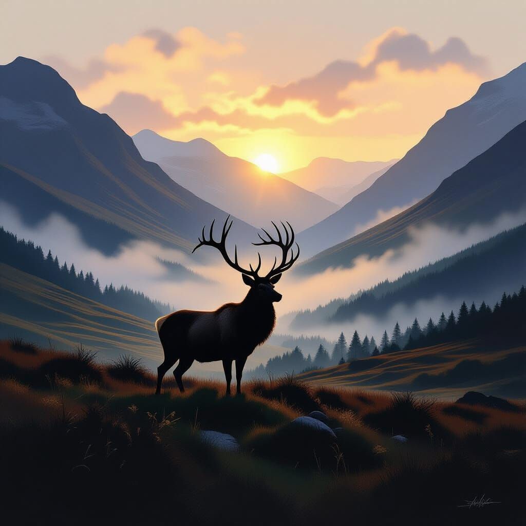 Misty Sunrise Over Scottish Glen With Majestic Stag