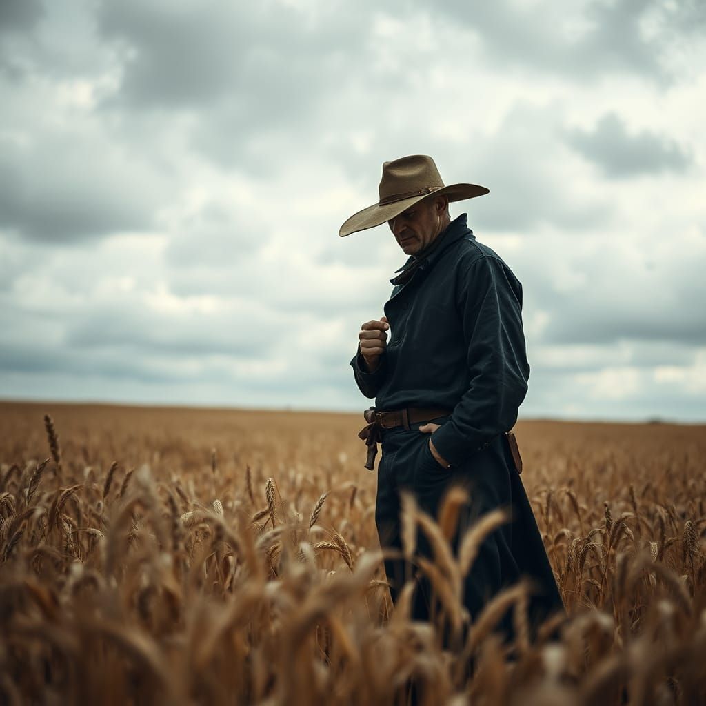Mysterious Figure Amidst Golden Wheat in Moody Landscape