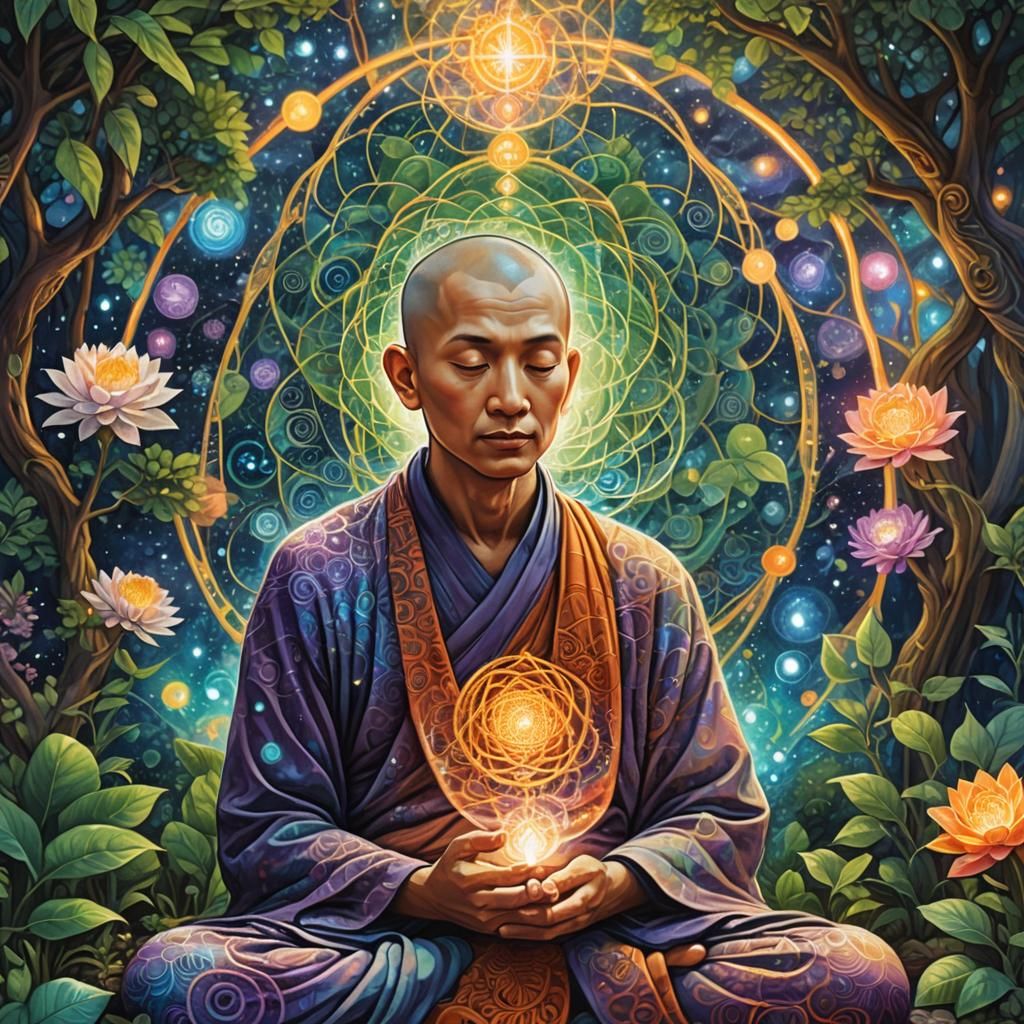 Monk Meditates in Cosmic Zen Garden