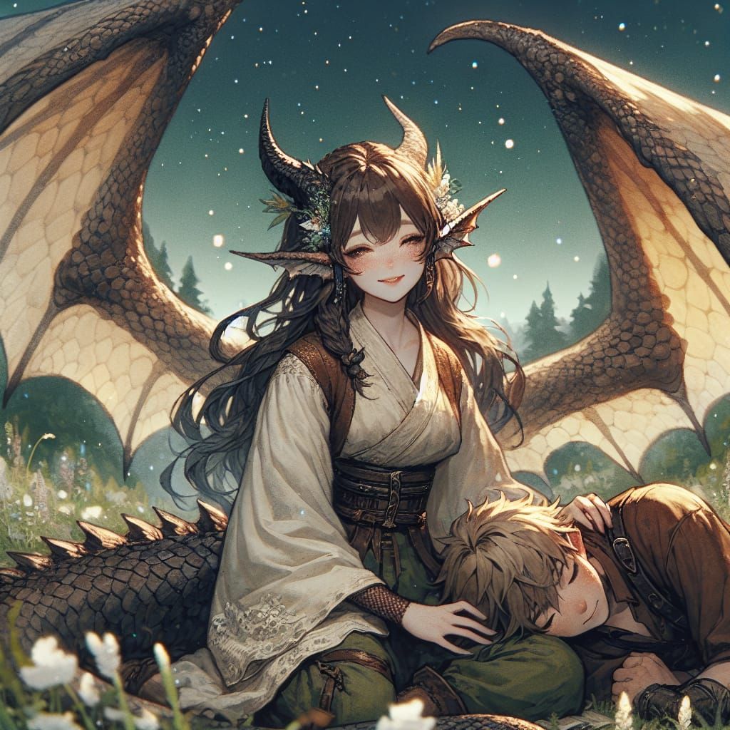 Dragon Woman in Meadow: Anime Fantasy Art
