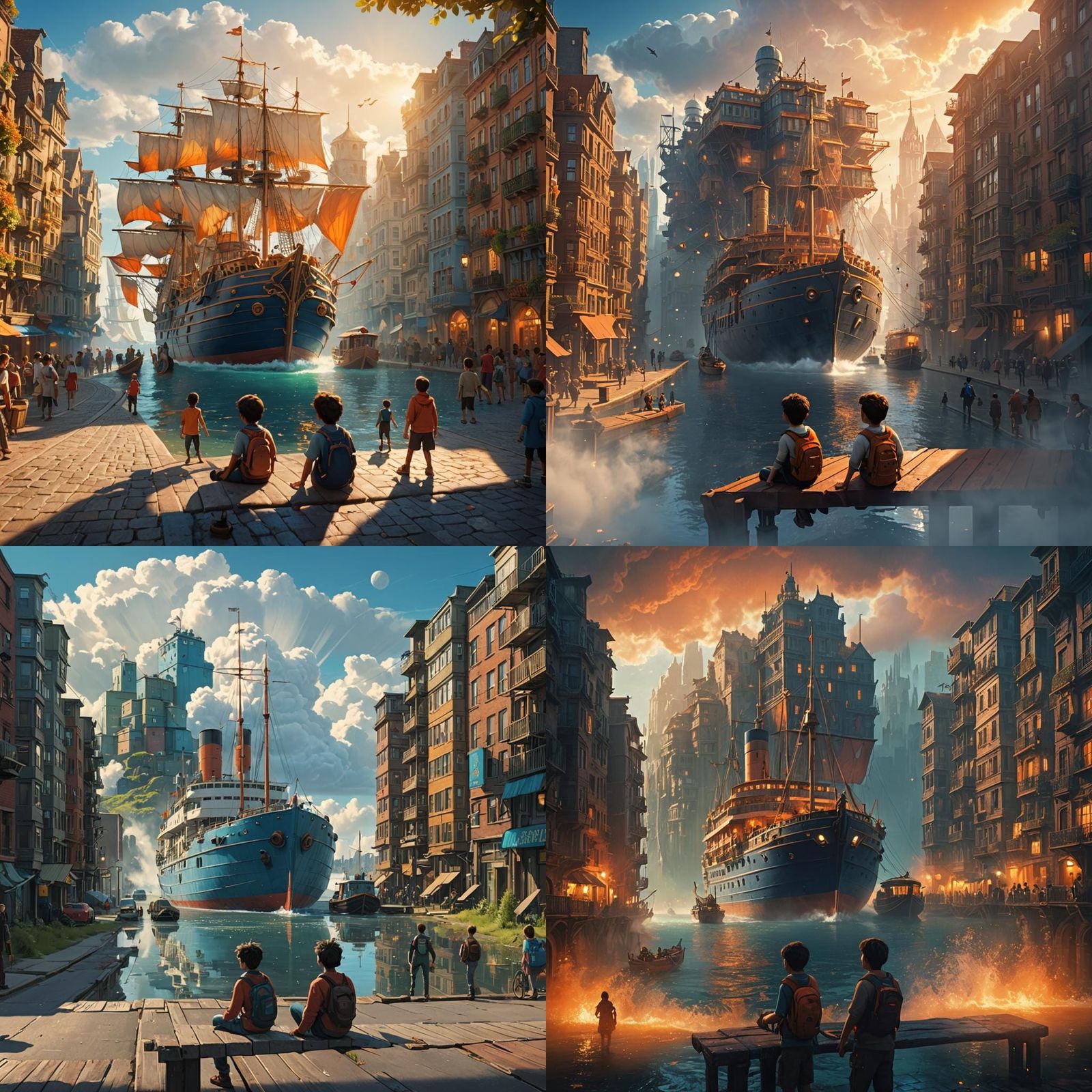 Fantastical Ship Sails Through City, Matte Painting