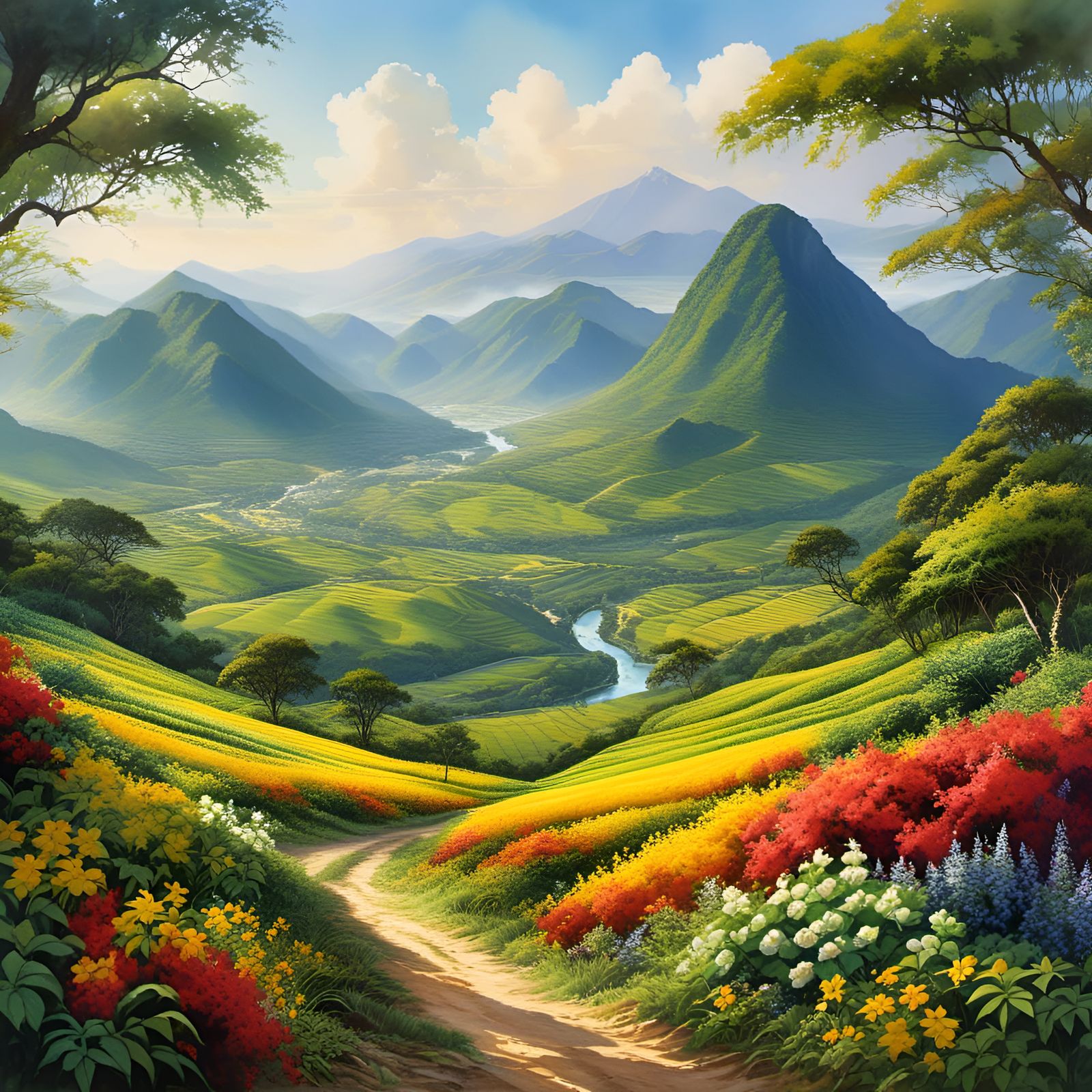 Watercolor Jamaican Countryside Landscape with Flag