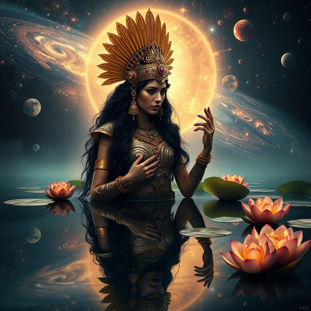 Aztec Warrior touching a mirrored reflection of herself