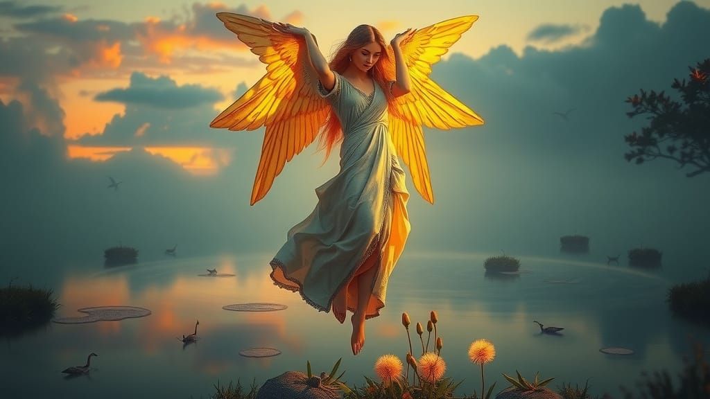 Twilight Angel on Dandelion, Hyperdetailed Fantasy Portrait