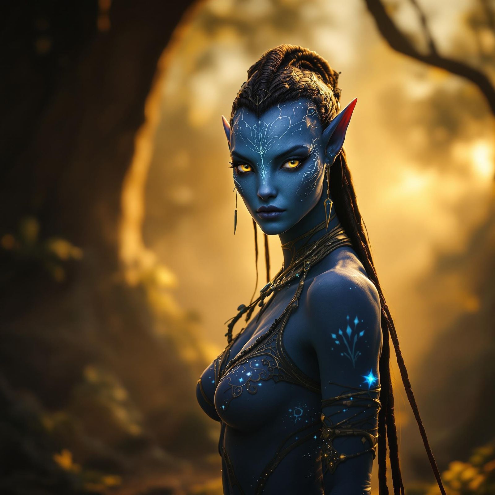 Ethereal Blue-Skinned Na'vi Goddess in Vibrant Tribal Attire