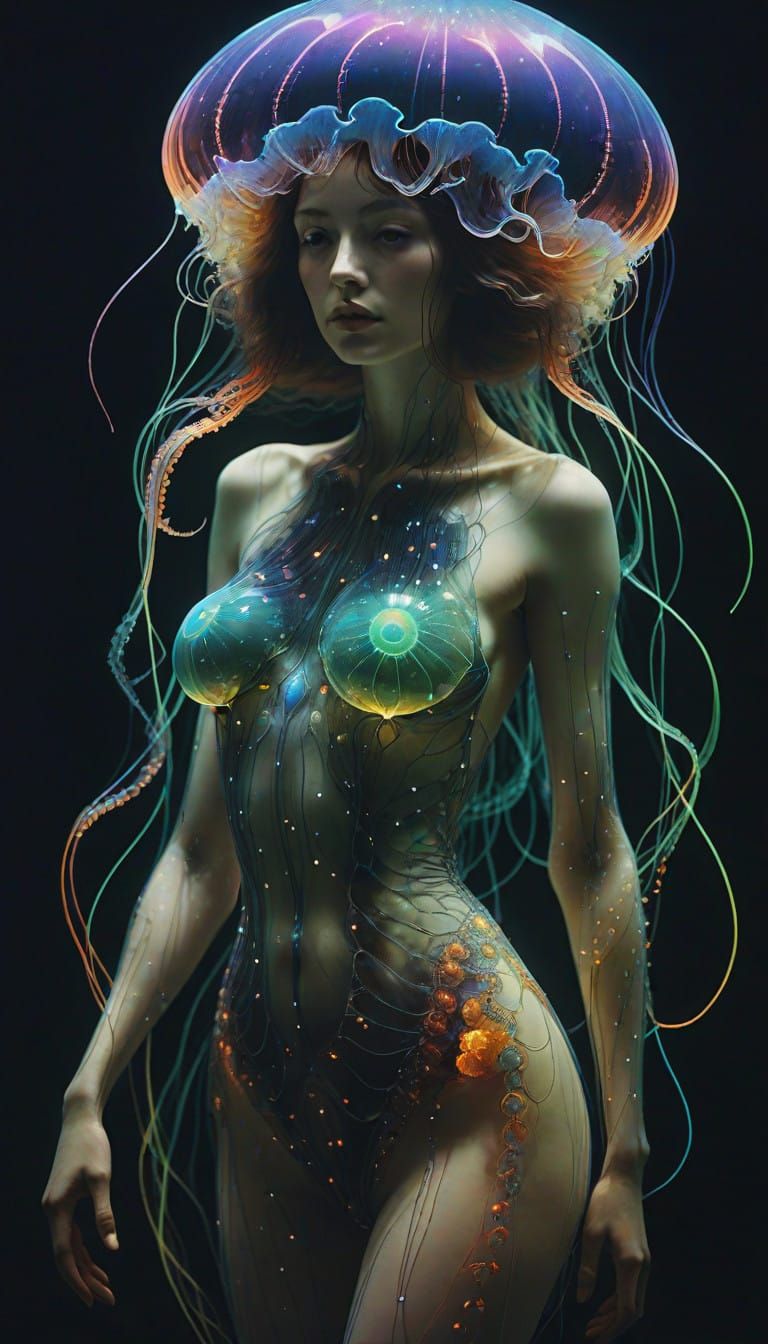 Vibrant Curvy Woman Amidst Glowing Jellyfish in Geometric Ab...