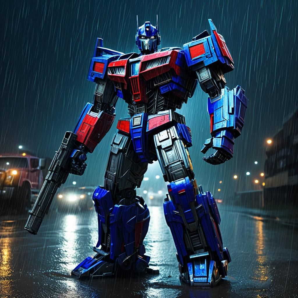 Optimus Prime Ready to Fight in Rain