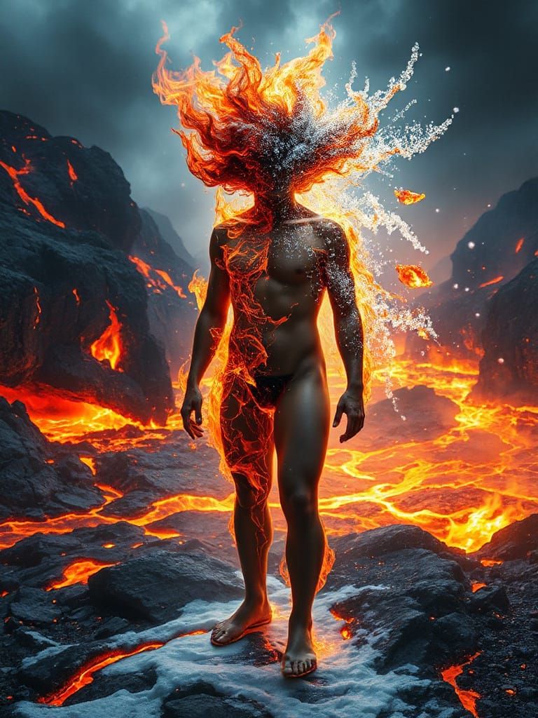 Figure Between Fire and Ice in Surreal Dreamscape