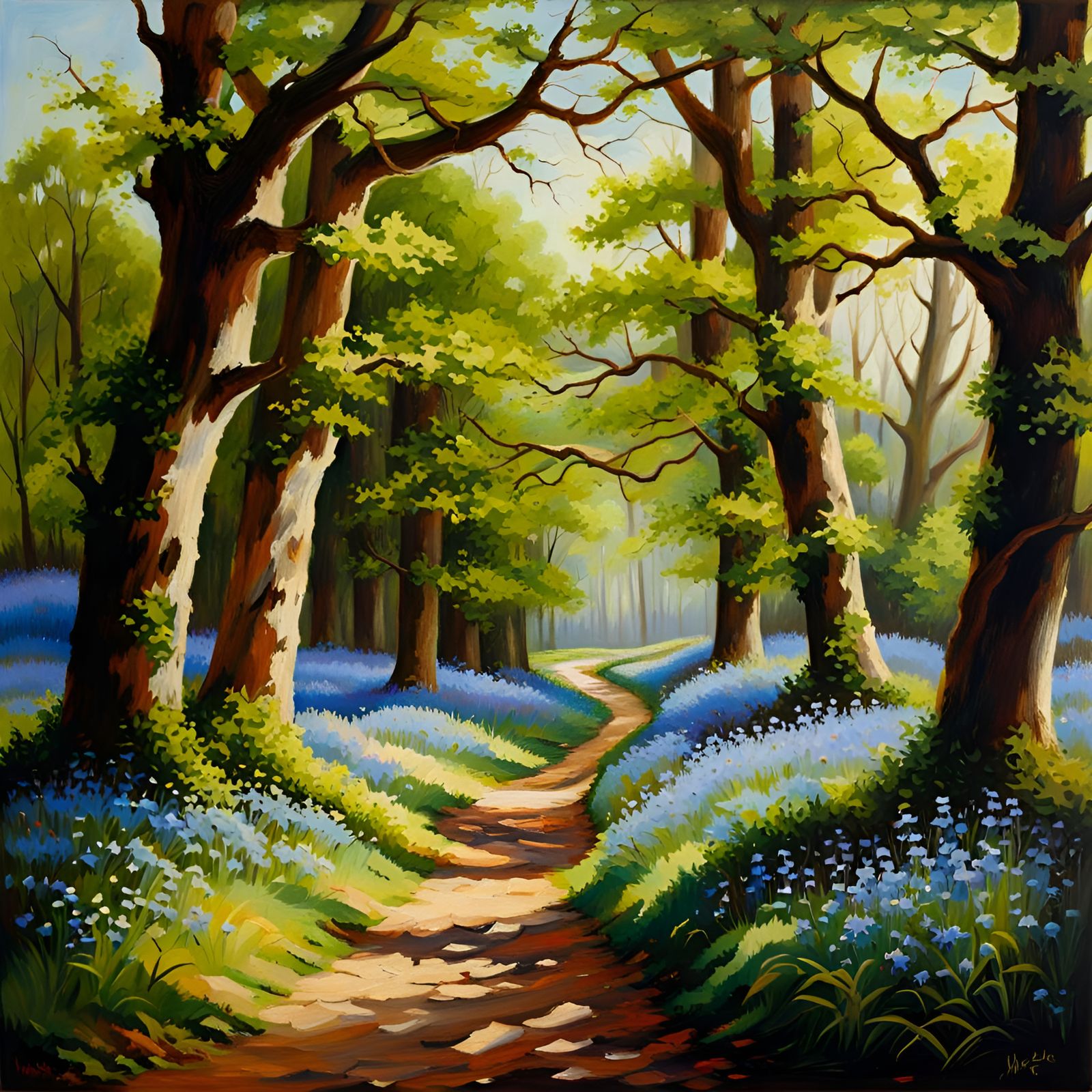 Oak Forest Path with Bluebells: Detailed Oil Painting