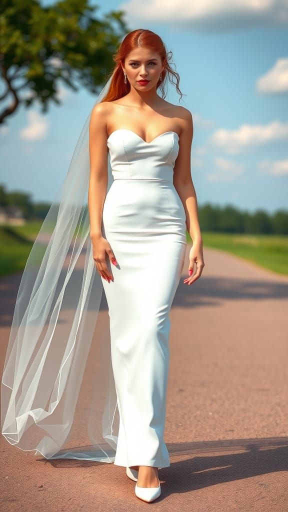 Crossdresser in Latex Wedding Dress on Summer Day