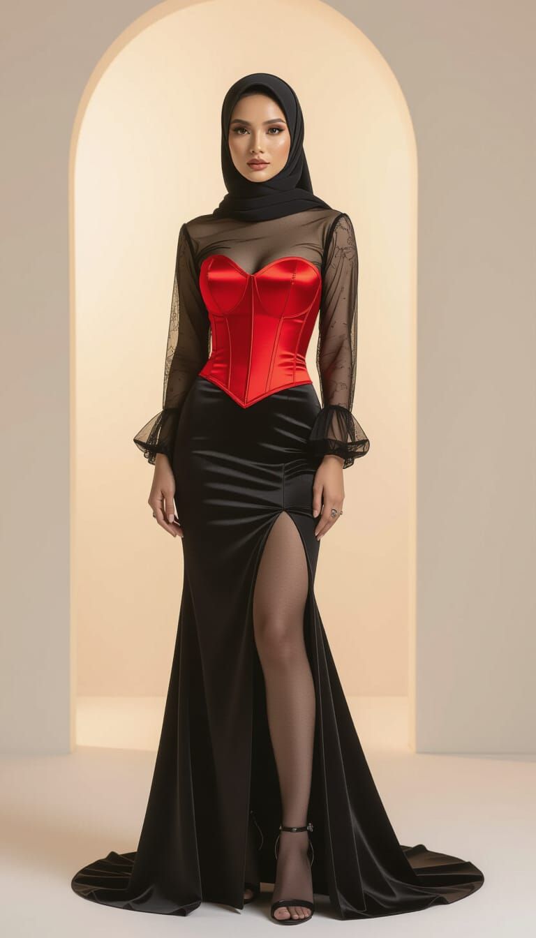 Malay Woman in Crimson Corset and Black Hijab
