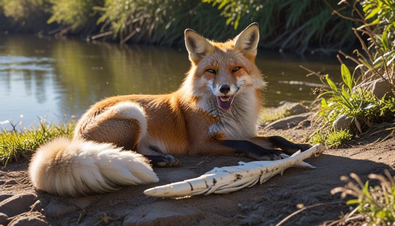 Relaxed Fox Lounging by a River in the Sun