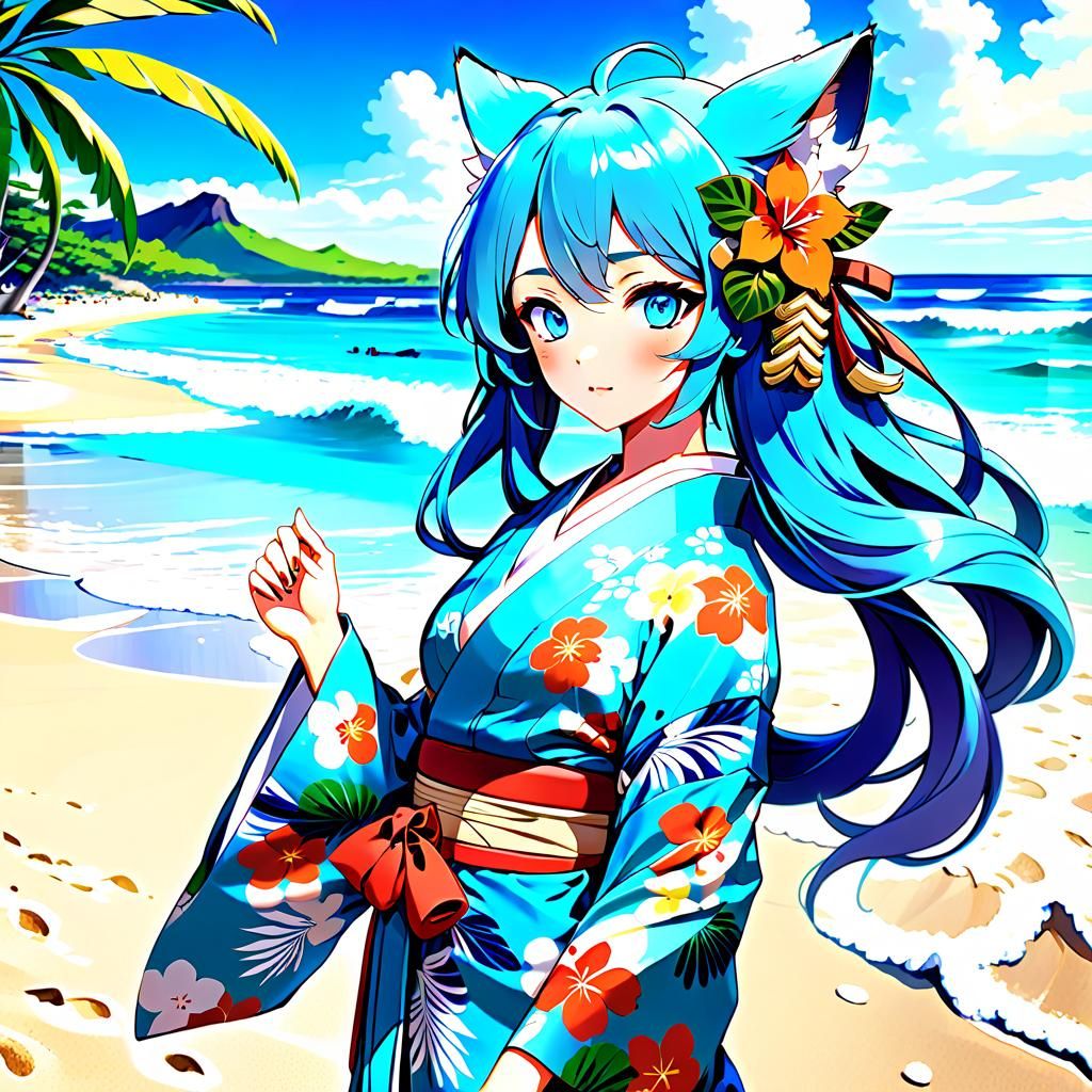 Anime Fox-Girl on Guam Beach in Cel-Shaded Style