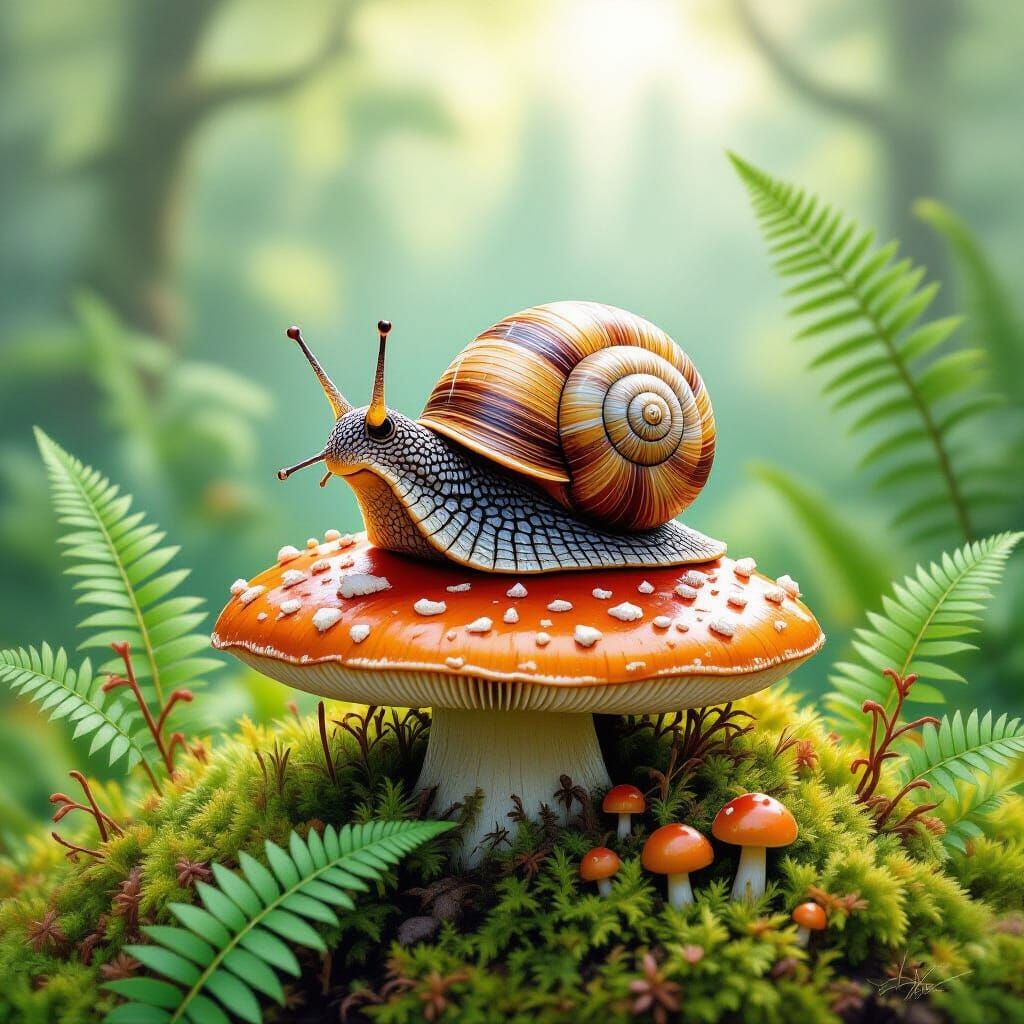 Snail on Toadstool with Moss and Ferns