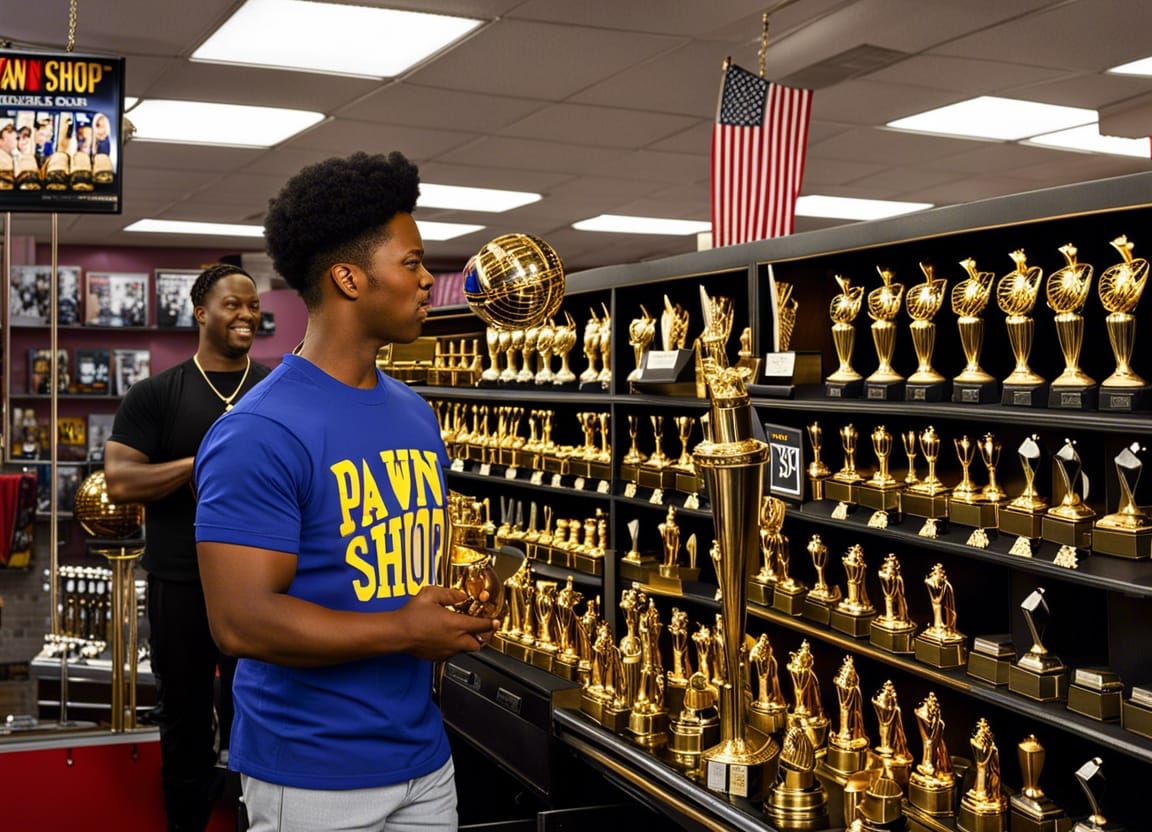 A pawnshop employee wearing a t-shirt which has the words "pawn shop" showing a customer a shelf featuring many golden t...