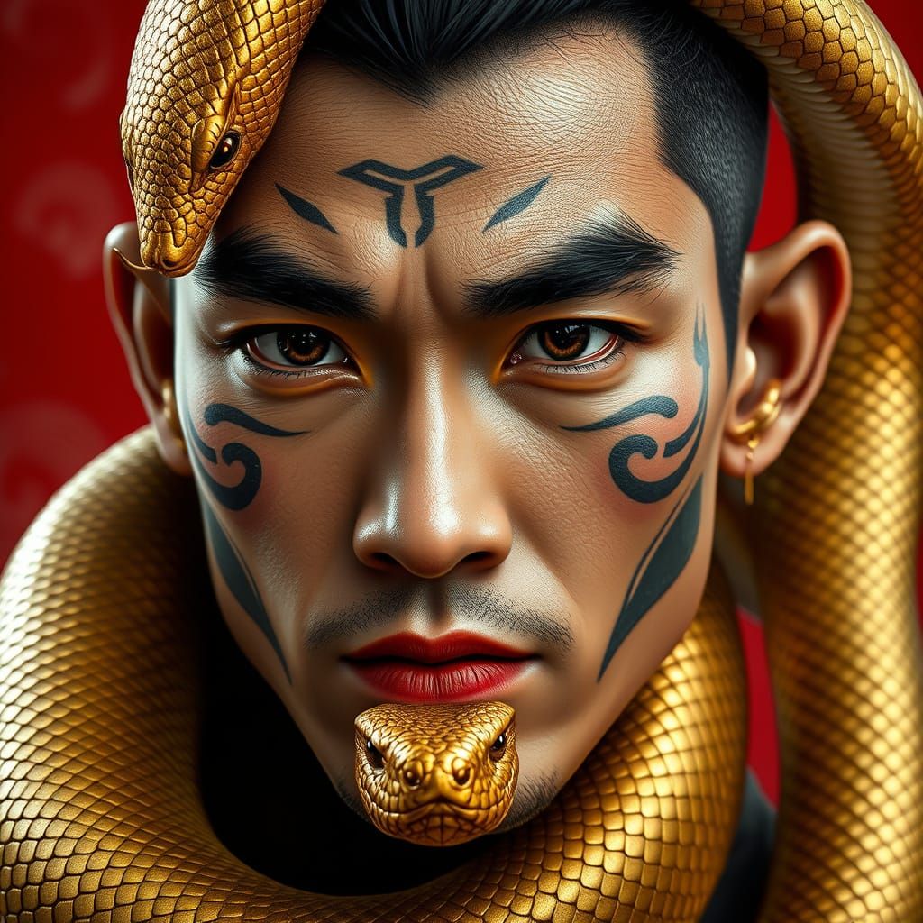 Chinese Man with Golden Snake, Intricate Tattoos, and Hyper-...