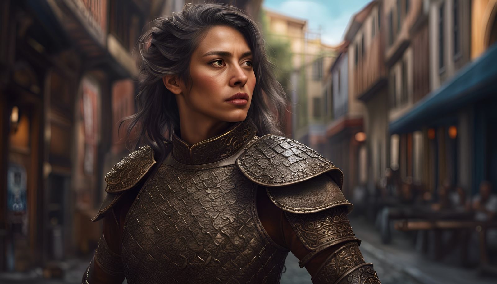 Fierce Latina Warrior on Medieval Street: Hyperrealistic Oil...