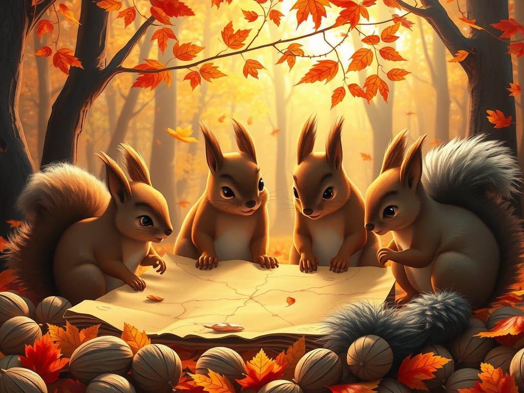 Squirrels Debate Treasure Map in Autumn Forest, Ghibli Style